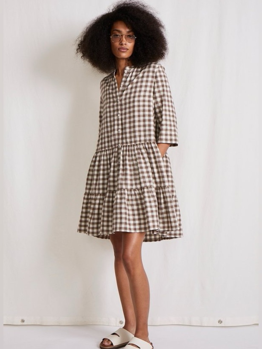 Apiece Apart Maurino Drop Waist Mini Dress in Walnut Gingham size XS
